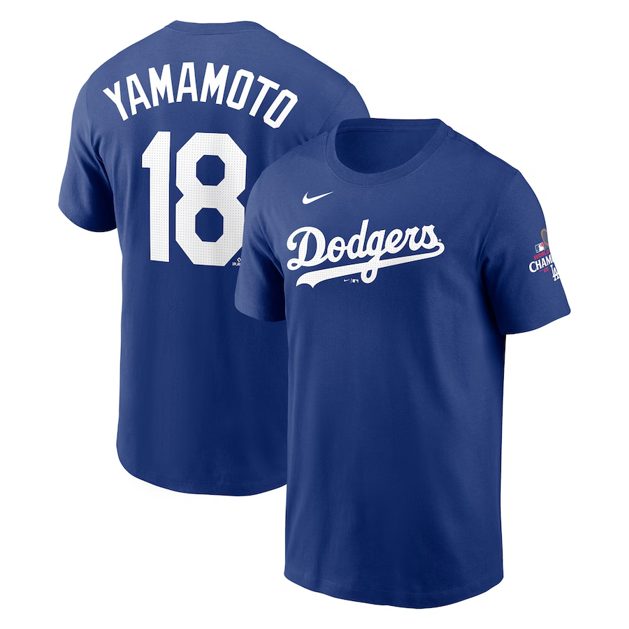 Men Los Angeles Dodgers #18 Yamamoto 2024 MLB World Series Champions blue white T shirts